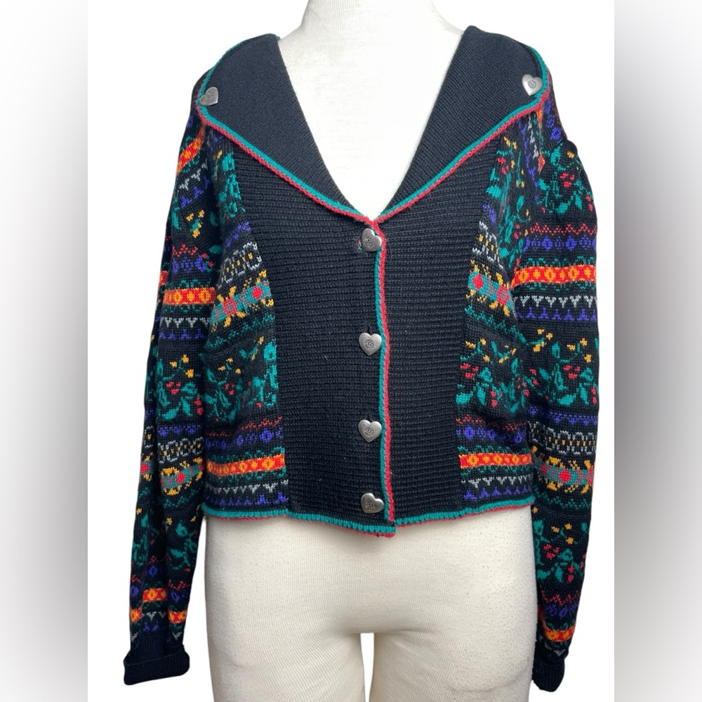 Vtg Meister Wool Cropped Cardigan Sweater Colorful Floral Puffy Sleeves 80s Med